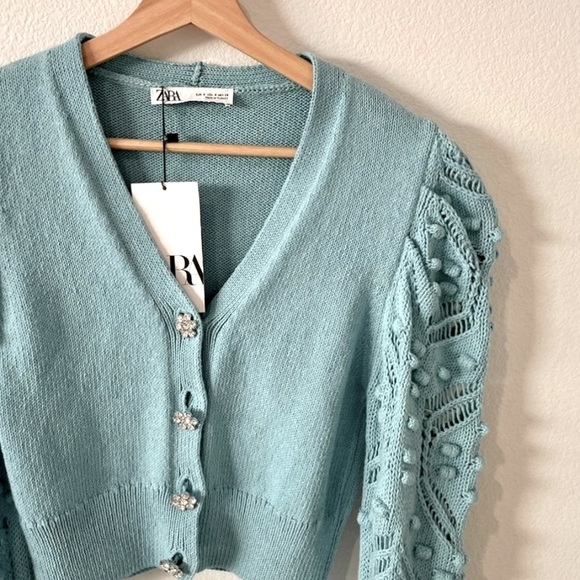 ZARA KNIT CARDIGAN SWEATER WITH JEWELED BUTTONS AND POMPOMS - Picture 5 of 10